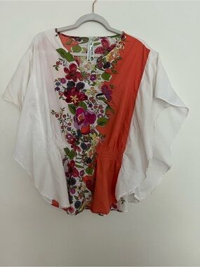 Floral Split-Panel Tunic in White & Coral